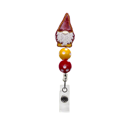 Red and Gold Gnome Polka Dot Beaded Badge Reel