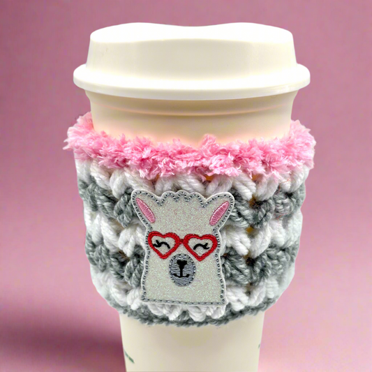 Llama with Heart Glasses Coffee Cozy