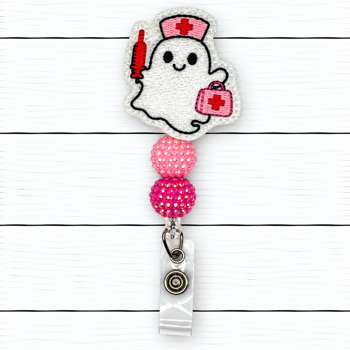Pink Nurse Ghost Halloween Badge Reel