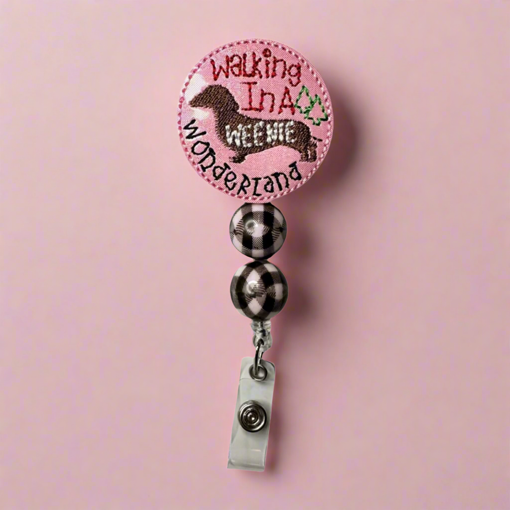 Walking in a Wiener Wonderland Beaded Badge Reel