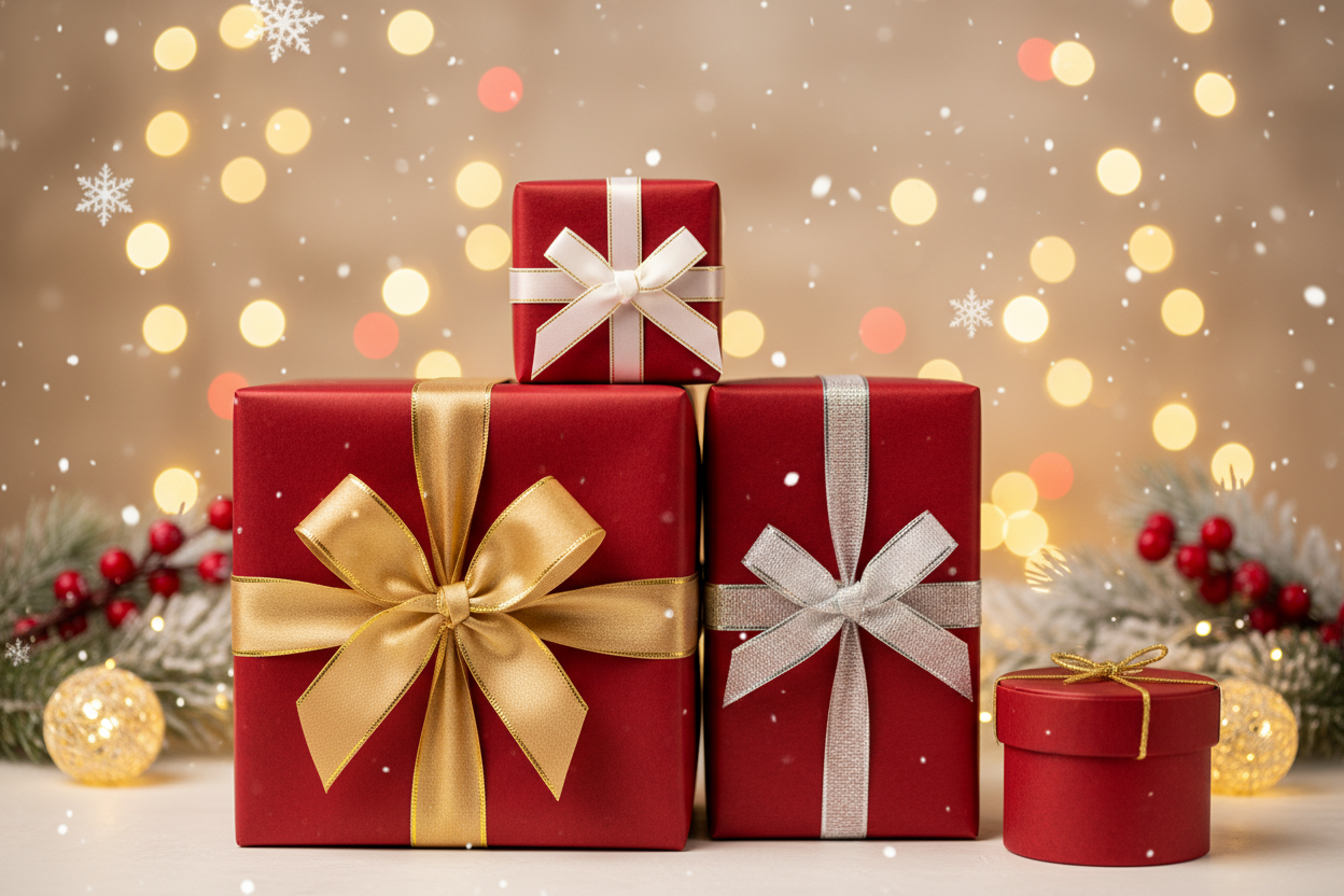 4 red gift boxes with holiday themed background