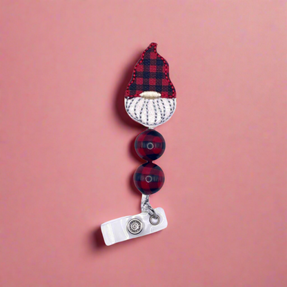 Buffalo Plaid Hat Gnome Beaded Badge Reel