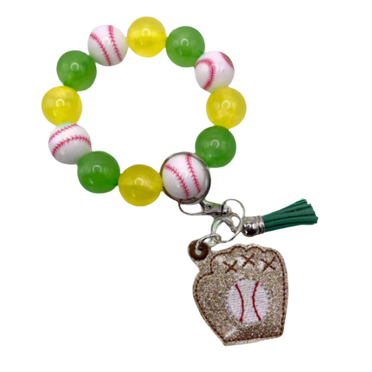 Baseball Glove Keychain with Yellow and Green Beaded Wristlet