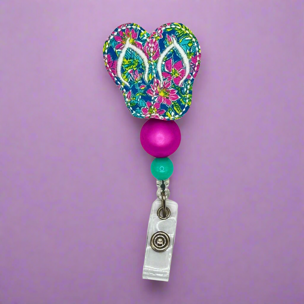 Pink Flower Flip Flop Badge Reel