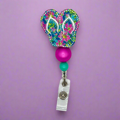 Pink Flower Flip Flop Badge Reel