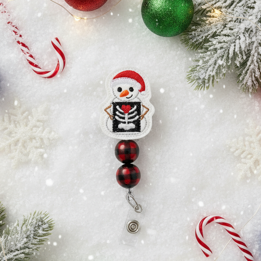 Decorative snowman ornament with skeleton design on a snowy background with Christmas elements.