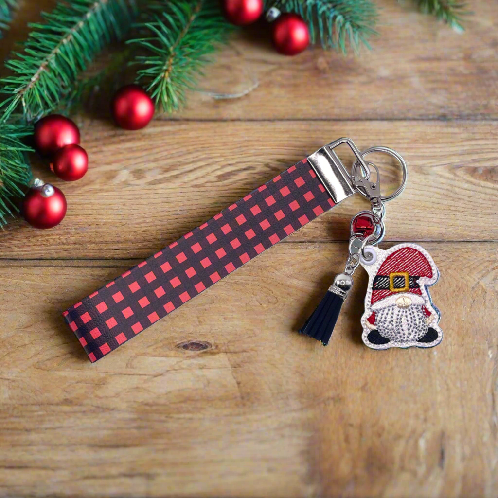 Santa Gnome Keychain with Buffalo Plaid Wristlet