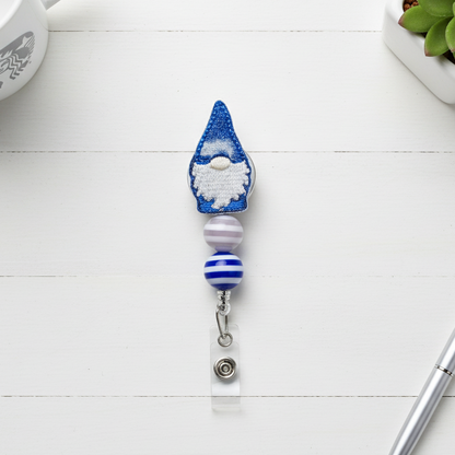 Blue and White Gnome Striped Beaded Badge Reel