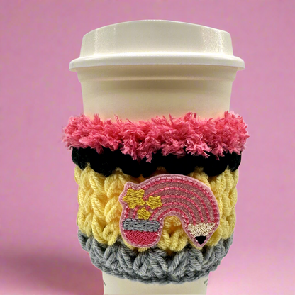 Pink Rainbow Pencil Crocheted Coffee Cozy