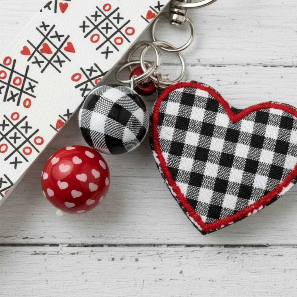 White Plaid Heart Keychain and Wristlet