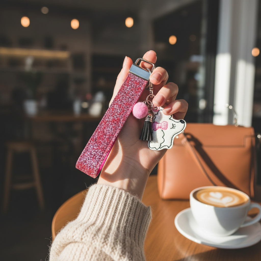 Hand holding a pink glittery keychain with charms in a cafe setting