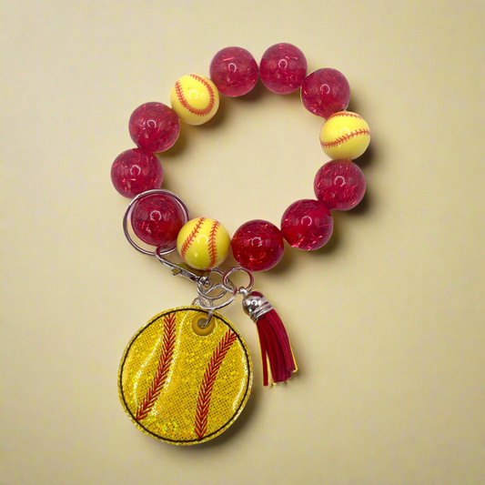 Softball Keychain with Red and Yellow Beaded Wristlet