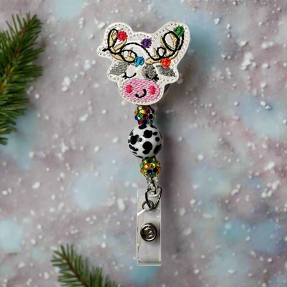 Cow Reindeer with Lights Beaded Badge Reel