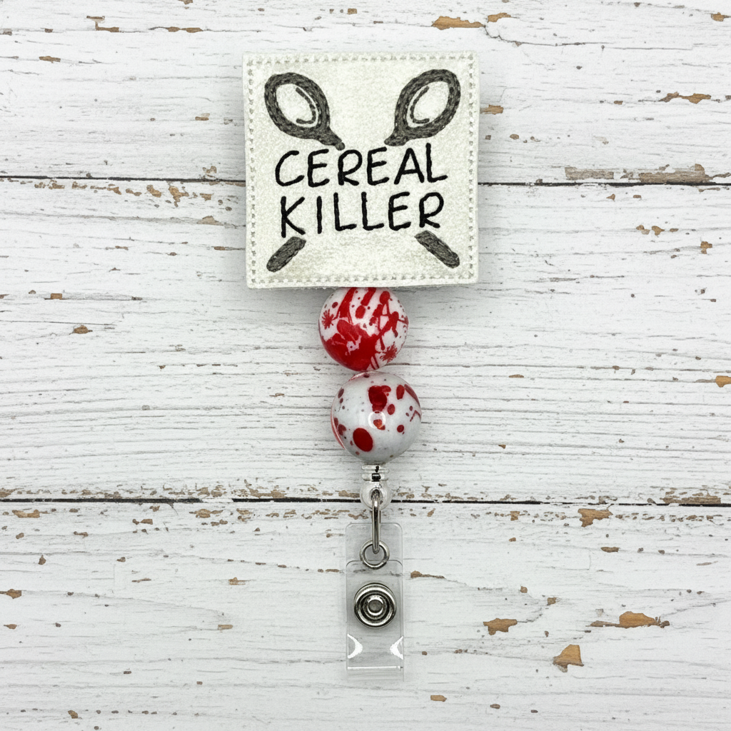 Badge holder with 'Cereal Killer' text and blood-stained design on a white background