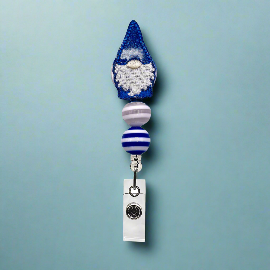 Blue and White Gnome Striped Beaded Badge Reel