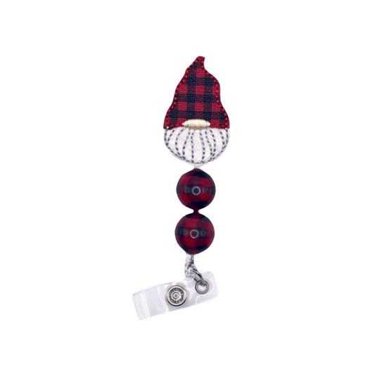 Buffalo Plaid Hat Gnome Beaded Badge Reel