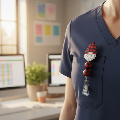 Buffalo Plaid Hat Gnome Beaded Badge Reel