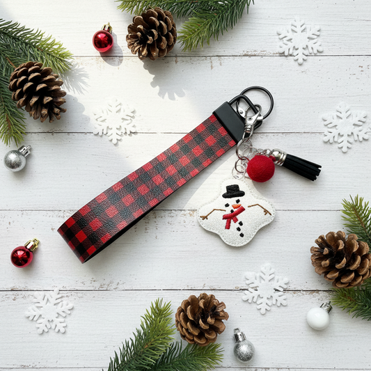 Snowman Keychain and Buffalo Plaid Wristlet