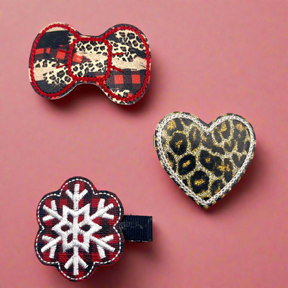 Leopard and plaid winter hair clip set