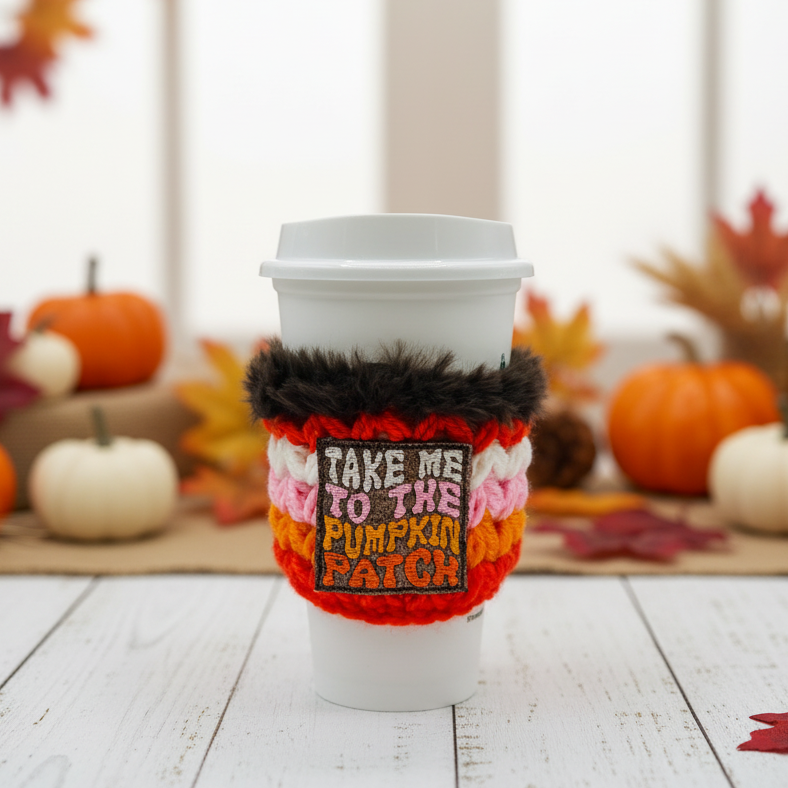 Take me to the pumpkin patch coffee cozy