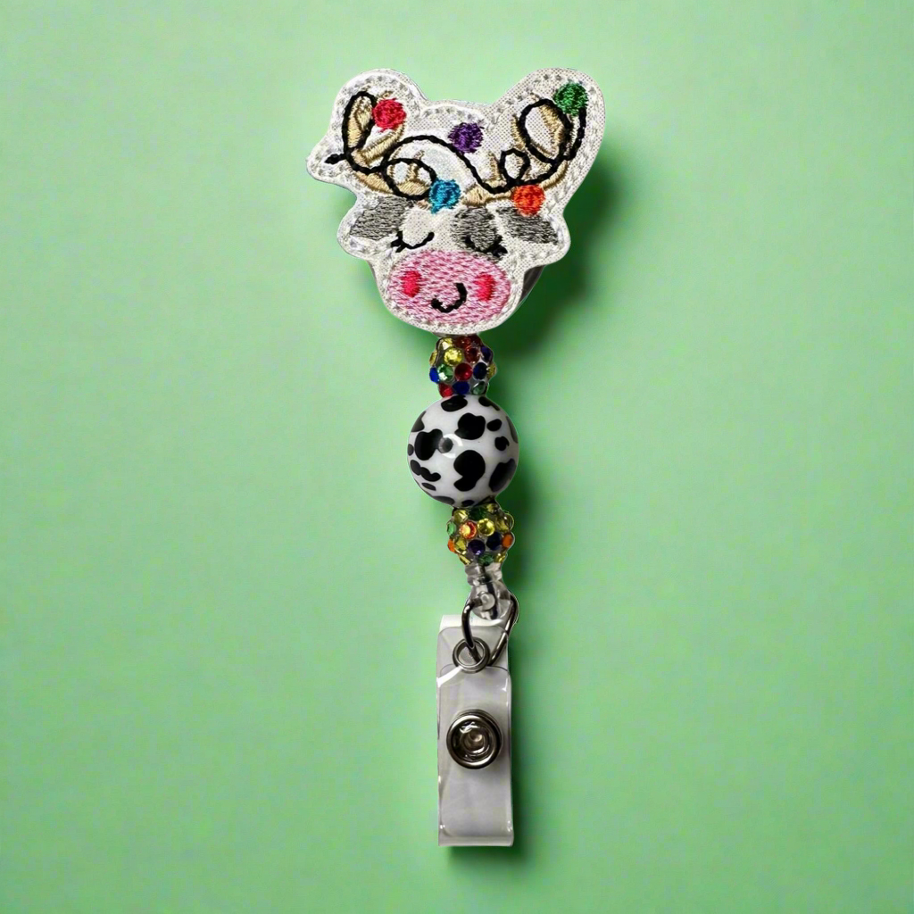 Cow Reindeer with Lights Beaded Badge Reel