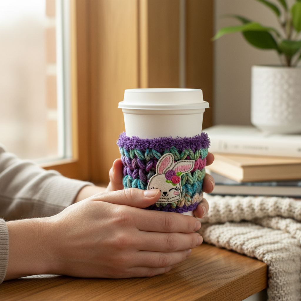 Bunny with Flowers Crocheted Coffee Cozy
