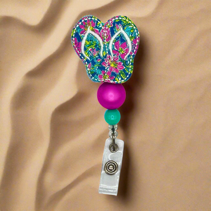 Pink Flower Flip Flop Badge Reel