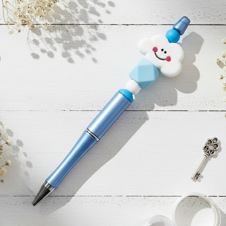 Blue pen with a cloud-shaped eraser on a white background