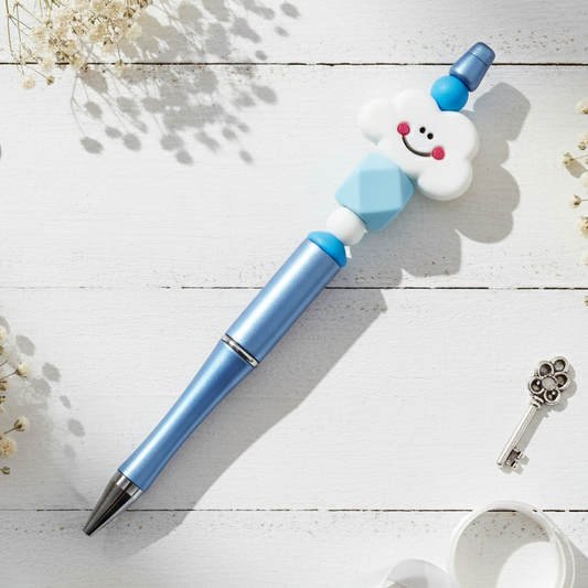 Blue pen with a cloud-shaped eraser on a white background