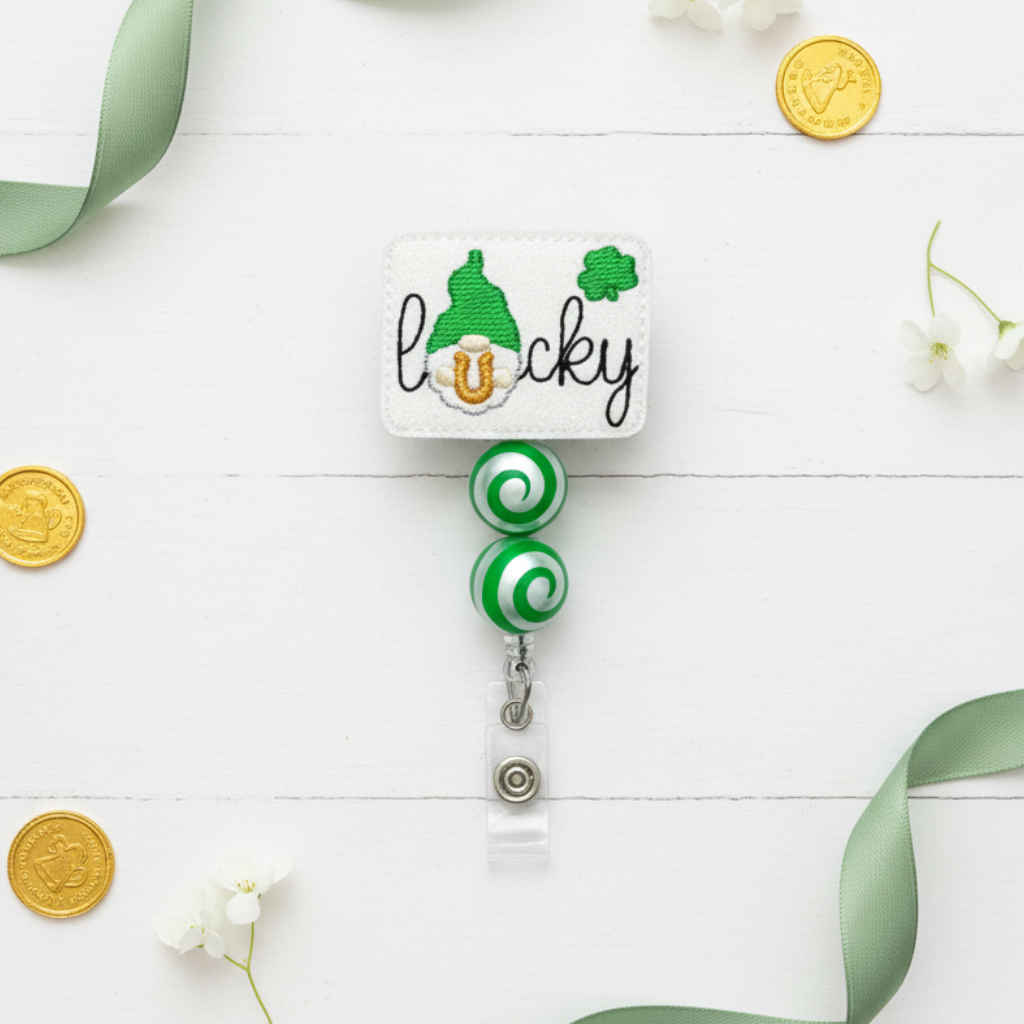 Green and white badge holder with 'lucky' text and shamrock design on a white background