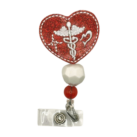 Caduceus Heart Beaded Badge Reel