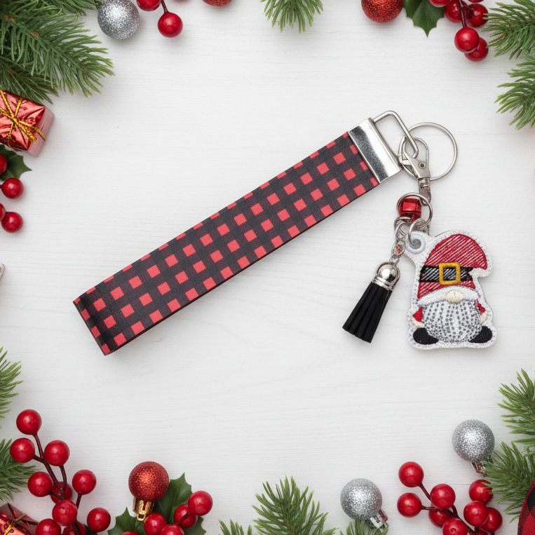 Santa Gnome Keychain with Buffalo Plaid Wristlet