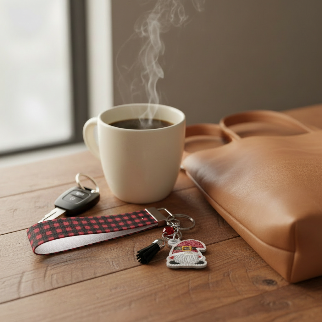 Santa Gnome Keychain with Buffalo Plaid Wristlet