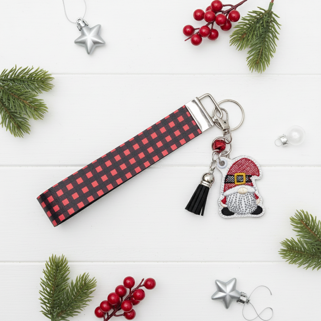 Santa Gnome Keychain with Buffalo Plaid Wristlet