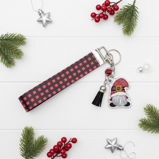 Santa Gnome Keychain with Buffalo Plaid Wristlet