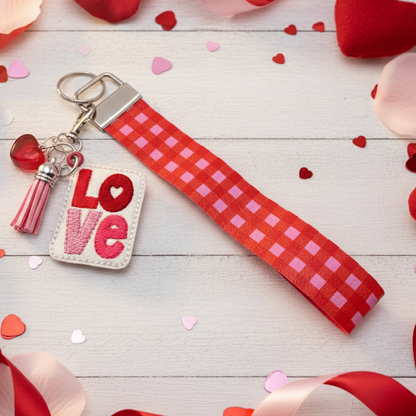 Love Keychain with Red and Pink Plaid Wristlet