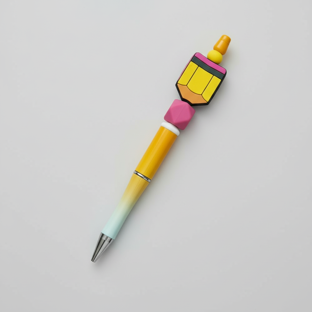 Colorful pen with a unique design on a light gray background