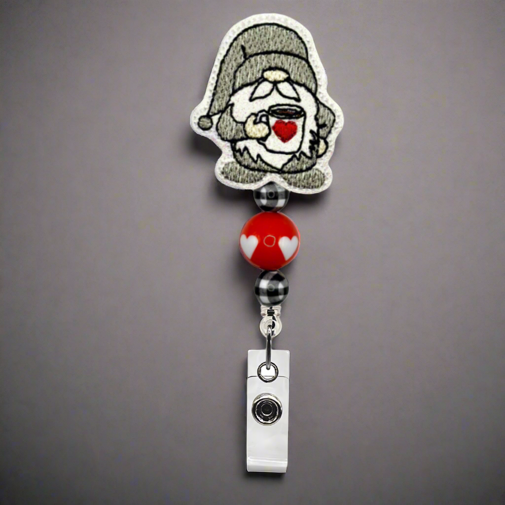 Gnome with Heart Coffee Beaded Badge Reel