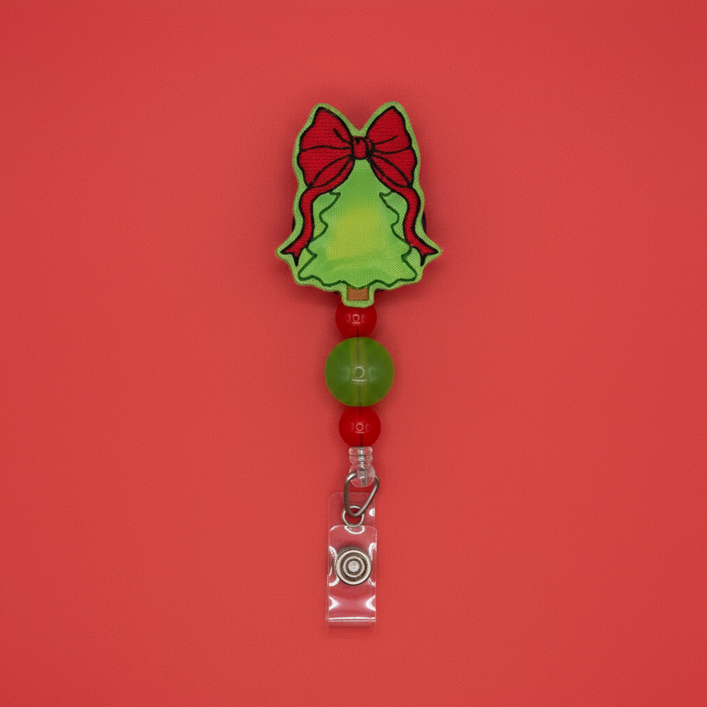 Tree with Red Bow Beaded Badge Reel