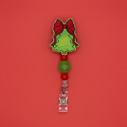 Tree with Red Bow Beaded Badge Reel