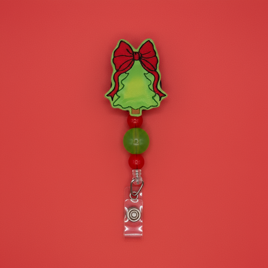 Tree with Red Bow Beaded Badge Reel