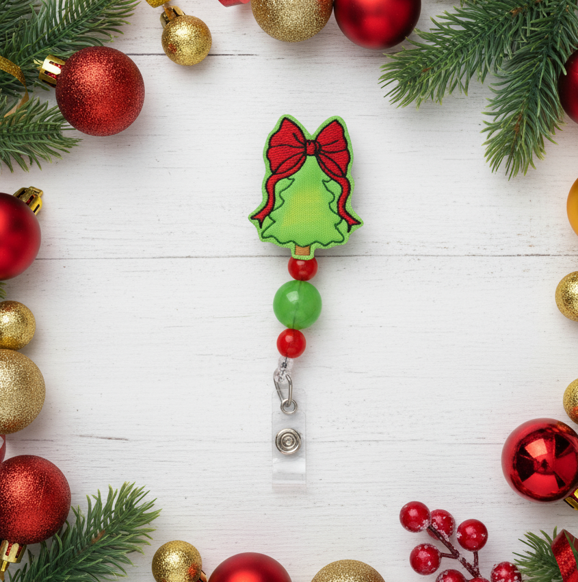 Tree with Red Bow Beaded Badge Reel