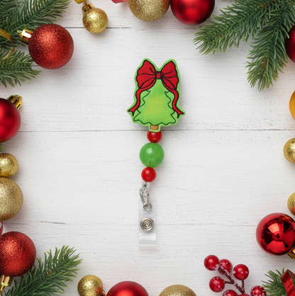 Tree with Red Bow Beaded Badge Reel