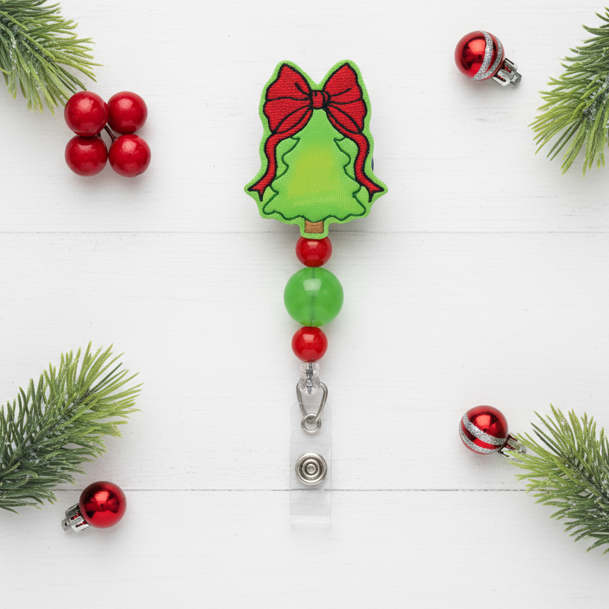 Tree with Red Bow Beaded Badge Reel