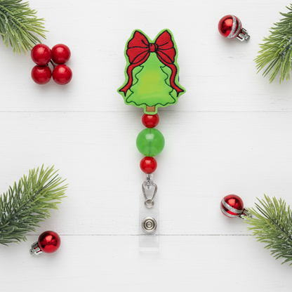 Tree with Red Bow Beaded Badge Reel
