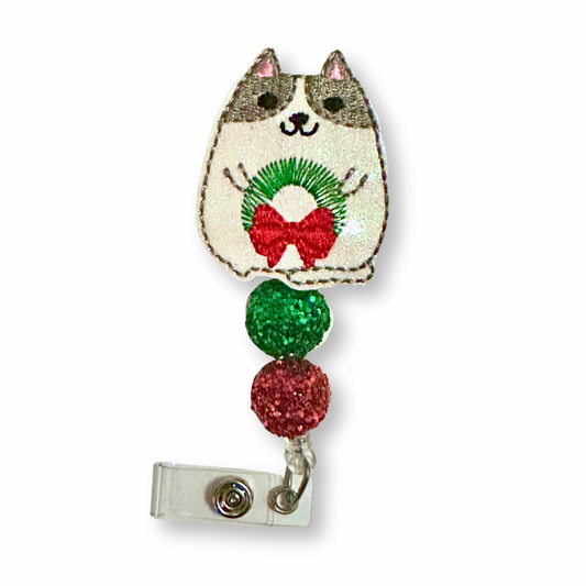 Cat with Christmas Wreath Badge Reel