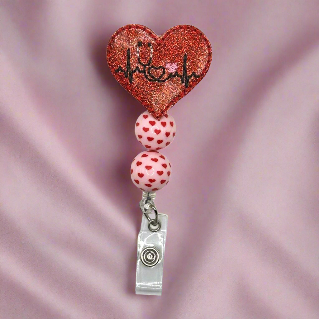 Red Heart EKG Badge Reel