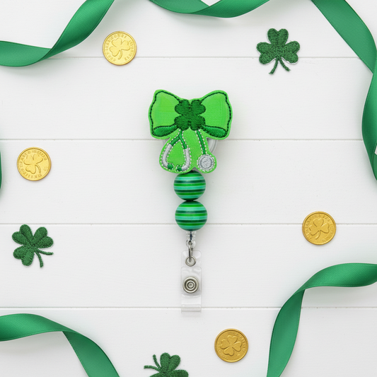 Green bow-shaped badge holder on a white background