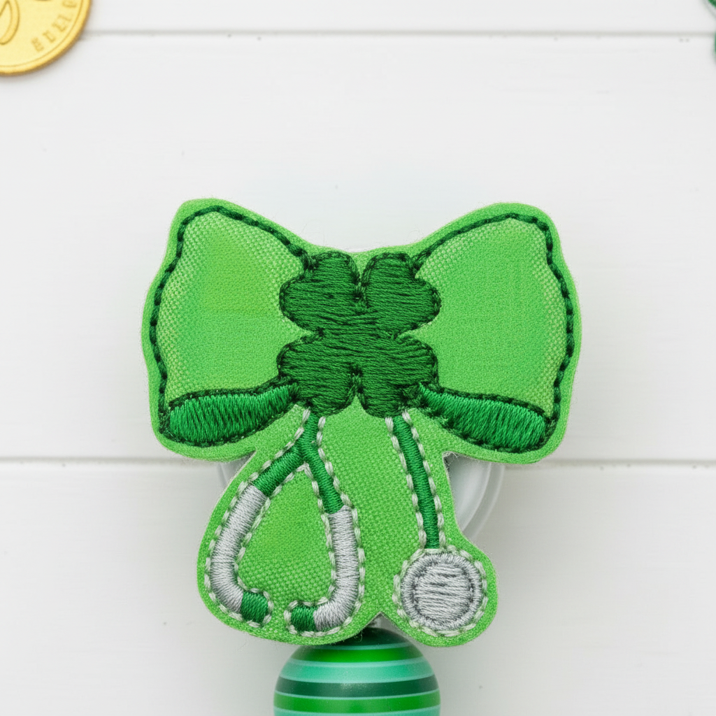Shamrock Stethoscope Bow Badge Reel