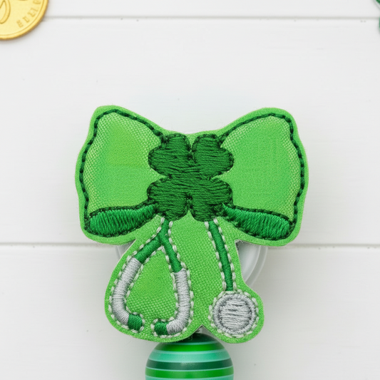 Shamrock Stethoscope Bow Badge Reel